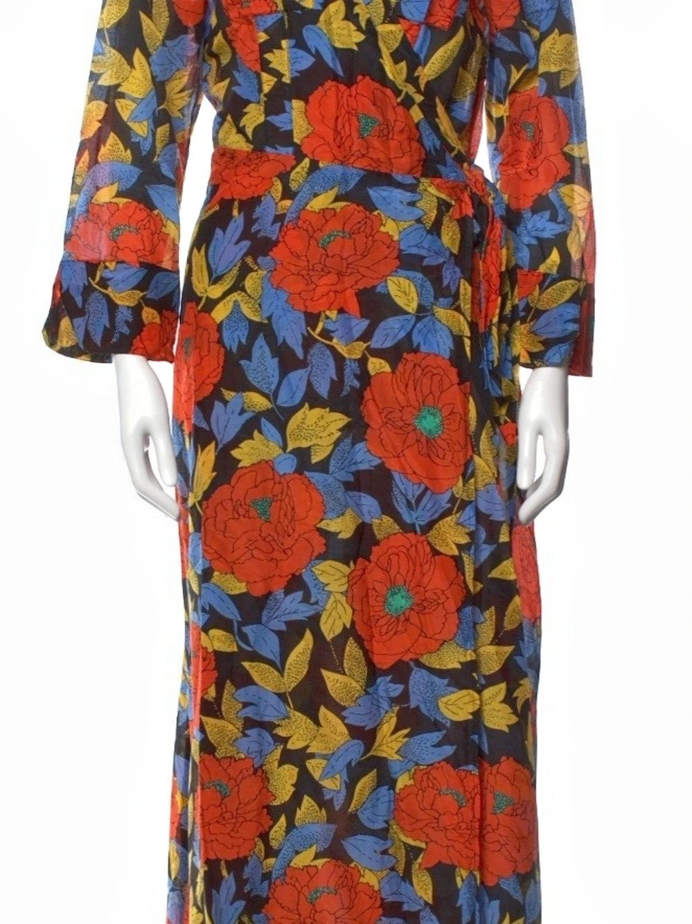Diane von Furstenberg Floral Print Long Wrap Dress in Black, Blue & Red Like New